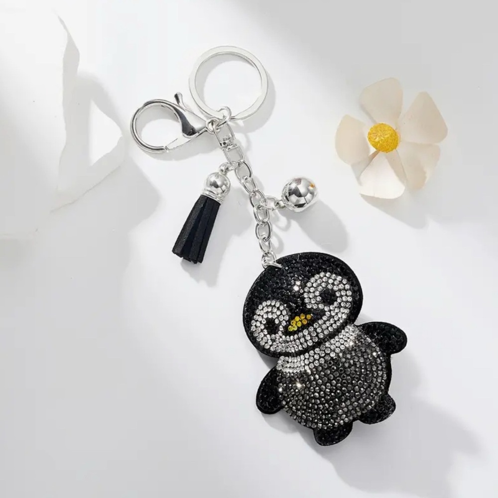 Rhinestone Penguin Bag Charm Keychain Black Silver Tassel Kawaii Cute